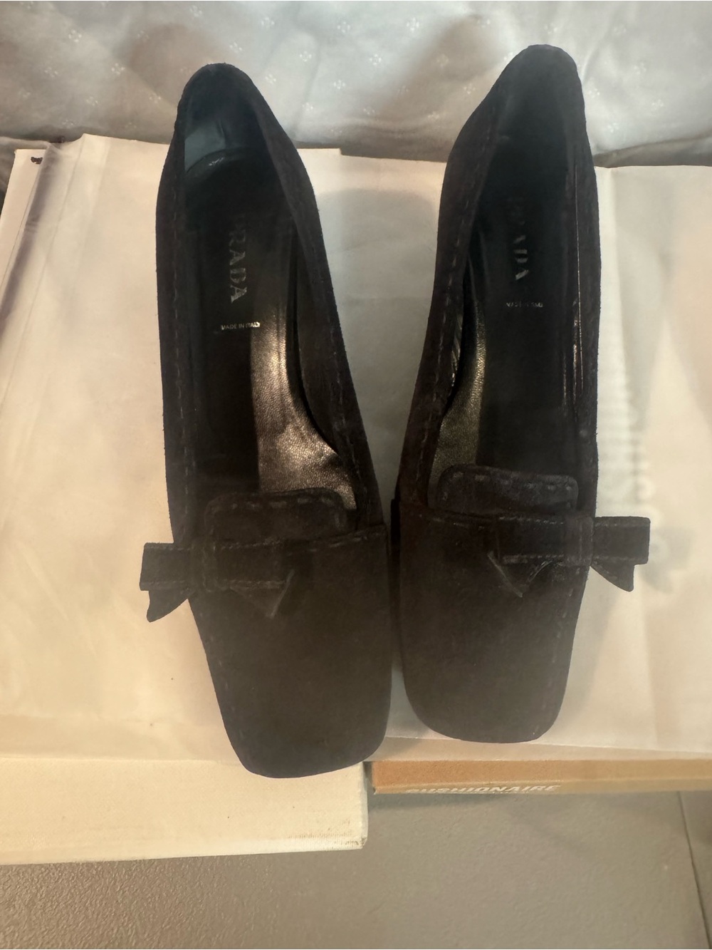 Prada Black Suede Women's Loafers with Bow Detail